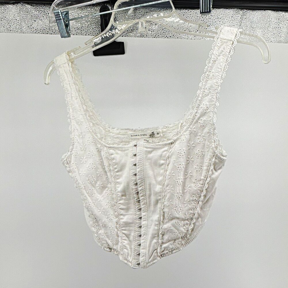 Altar'd State White Floral Lace Bustier Corset Top Victorian Hook & Eye S